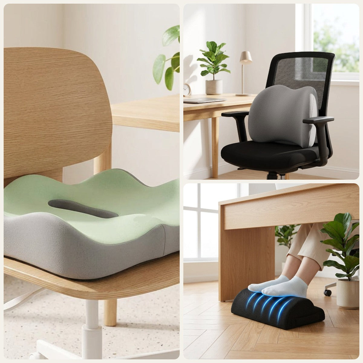 Kit Bureau sans mal de dos – coussin d'assise + lombaire + repose-pieds